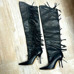 Jimmy Choo “over the knee” Italian black leather boots with fringe.